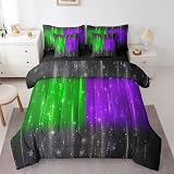 Schwarz Grün Lila King Tröster Set 7-teilig Abstrakt Glühend Gradient Bettwäsche Tröster-Sets für Jungen Ästhetisches Ombre Bett in einer Tasche Modern Neon Lights Bettwäsche Set Psychedelic S