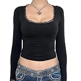 Langärmeliges Crop-Top für Damen, Y2K, schlicht, Spitzenbesatz, U-Ausschnitt, Herbst, schmale Passform, Streetwear, A-schwarz, XL