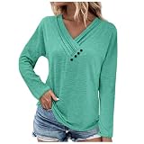 Angebote Des Tages Heute Musselin Bluse Damen Einfarbig Knopfleiste T Shirt Langarm V-Ausschnitt Langarmshirt Leichte Tuniken Hemdbluse Y2K Clothes Sport Tshirt Damen Outlet Angebote (Mint Green, 3Xl)