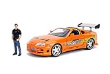 Jada Toys - Fast and Furious Modellauto Toyota Supra & Brian - Auto-Modell 1995 Toyota Supra Mk4 1:24 Orange Mit Brian O'Conner Figur, Fahrzeug Mit Spoiler, Zu Ã–ffnenden Teilen & Abnehmbarem D