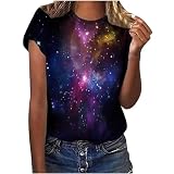 T-Shirt Damen Galaxie-Druck Rundhals Ausschnitt Kurzarm Shirts Bluse Frauen Comfort Fit Kurzärmeliges Tshirts Tops Mädchen Sommer Short Sleeve Oberteile Tee Shirts Tunik