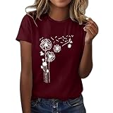 Damen-T-Shirt mit Löwenzahn-Blumendruck, kurzärmelig, Rundhalsausschnitt, modisches Oberteil, leicht, weich, lässig, Sommer-Outfit, Kleidung, Hemd, Junioren, wein, XXL