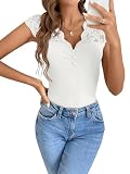 GORGLITTER Elegant Oberteil Damen T-Shirt Kurzarm mit Spitzen Office Spitzenshirt Sommer Bluse mit Flügelärmel Weiß S