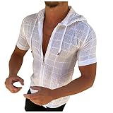 T-Shirts für Herren Kurzarm Hoodie Sommer T-Shirt Zipper Shirts mit Kapuze Kariertes Hoodies Leichte Kapuzenshirt Lässig Tshirts Basic Oberteile Casual Shirt Angebote des Tages Heute Weiß L