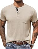 COOFANDY Herren T Shirt Henley Einfarbig T-Shirts für Herren Sommer Kurzarm Shirts Männer Lässiges Knopfleiste Basic T-Shirt mit Tasche Khaki XL