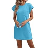 Women's 2025 Spring and Summer Solid Color Casual Sports Round Neck Pocket Short Sleeve Loose Dress Damen Kleid Rot (Blue, S)
