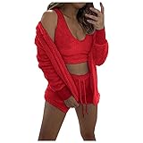 Generisch Schlafanzug Damen Winter, Frottee Teddy Bademantel Set Lustig Homewear Elegant 2-Teiliges Hausanzug Baumwolle Loungewear Knopfleiste Flanell Kuschelanzug Flauschig Pyjama Fleece W