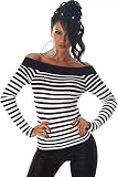 Jela London Damen Streifen-Pullover Fein-RIPP Stretch Carmen-Ausschnitt enganliegend, Blau 34 36 38