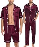 SWOMOG Herren Seiden Satin Schlafanzug Set 3 Stück Kurzarm Schlafanzug mit Shorts & Langer Hose Seiden Pjs Weiche Loungewear Dunkel Wein Rot M