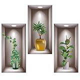 DOUSELLA 3 Stück 3D Wandsticker Vase Wandtattoo Wohnzimmer Vasen Grüne Pflanzen Wandaufkleber 3D Vinyl Wandabziehbilder Wandbilder Pflanze mit Vase 3D Pflanzen Wandbilder für Haus Wanddeko, 40x20