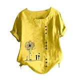 HOOUDO Same Day Angebote Sale Modisches Damen-T-Shirt aus Baumwolle und Leinen mit kurzen Ärmeln und Knöpfen und Rundhalsausschnitt mit -Print Pullover Mit Puffärmeln Damen Vis Mein Bestellung S