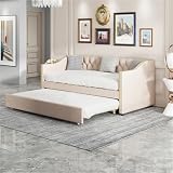 Polsterbett 90x200 cm Ausziehbares Schlafsofa Leinenstoff Kinderbett Jugendbett Für Erwachsene Jugendliche Gästebett Für Schlafzimmer Gästezimmer Familienbett Beige 1102