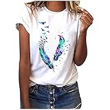 TRIGLICOLEUM Tshirt Damen Tops Mode Shirts mit Federdruck Weiss T-Shirt Kurzarm Oberteile Rundhals Herbst Winter Basic Shirt Pullover Lockere Bequeme Tunika Bluse Longshirt für Frauen, #10 Dunkelb