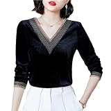 Samt-Oberteile Für Damen Mit Langen Ärmeln, Samt-Oberteil Mit V-Ausschnitt, Herbst-Winter-T-Shirt, Modisches Einfarbiges Langarm-Bottom-Shirt M-4Xl, Schmale Vintage-Unterlage-Samt-Ob