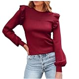 HOOUDO Same Day Angebote Sale Damen-Pullover mit Rüschen an der Schulter und Langen Ärmeln, Rundhalsausschnitt, schmal geschnitten, 2023, gerippte Strickoberteile Top Schwarz Mein Bestellung S