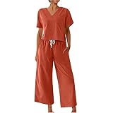 Lounge-Sets für Damen, 2-teilig, Sommer, Leinen, lässig, Rundhalsausschnitt, kurzärmelig, Oberteil, Hemd und Taschen, lange Hose, Trainingsanzug-Set, C02-rot, Größe M, C02-rot, M