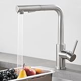 WOOHSE Wasserhahn Küche Ausziehbar, 360°Drehbare Küchenarmatur mit Brause Ausziehbar, Hochdruck Spültischarmatur mit 2 Strahlarten, Armatur aus Edelstahl, Gebürstet, Mischbatterie Kü