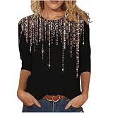 Tunika Damen Elegant Pailletten Oberteil Shirt 3/4 Arm Festliche Bluse Longshirt Lässig Rundhals T-Shirt Baumwolle Glitzer Tee Tops Leichte Vintage Sommershirt Weich Bequem Lang