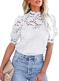 BLENCOT Damen Spitze Tops Puff Kurzarm Stehkragen Casual Blusen Hemden mit Trennbar Cami,weiß,S