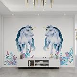 YEMYOR Blaue Pferde-Tapete, Niedliche Wandbilder Mit Zwei Pferden, Blaue Blumen-Tapete, Cartoon-Blumen-Pflanzen-Poster-Wandbild, Seiden-Wanddekorationen, Für Wohnzimmer/Schlafzimmer-350x256