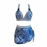DxanDn Damen Bikini Set 3 Teiliger Bikini-Sets mit Strandrock High Waist String Triangle Bikini Sexy Push Up Bikinioberteil Badedrock Strandmode Set Split Swimsuit für Surfen, Strand, Sonnenb