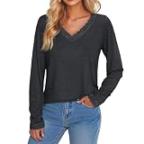 TOFOTL Spitzen Oberteile Damen Top mit Spitzensaum Bluse Sexy Langarmshirt Damen Elegant Going Out Festliches Cut Out Spitzensaum Transparent Extra Durchsichtig Langarm Sexy Oberteil Dunkelgrau L