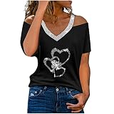 Masrin Schulterfreies T-Shirt Damen Oberteile mit Fünfzackiger Stern Strass Motiv Undichte Schulter Kurzarm Pullover Tunika mit Herzmotiv Sommer Tops Schmal Blusen Kurzen Ärmeln Tshirts für F