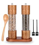 Salz und Pfeffermühle Holz 2er Set, Gewürzmühle mit Keramikmahlwerk, Salz und Pfefferstreuer mit untersetzer, pfeffermühle peugeot, Verstellbarem für Gewürze Pfeffer Salz 2er Set 21.5