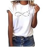 EMATOP Bluse Damen Elegant Sommer Tshirt Baumwolle Casual Oberteile Lose Rundhals Longshirt Feder Druck Sommershirts Weich Bequem Kurzarm Tee Tops Lässig Mode Tunika Streetwear für F