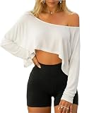 Navneet Off Shoulder Oberteil Damen Crop Tops Schulterfrei Oversize Langarmshirt Asymmetrisch Top Party Festival Y2K Weiß M