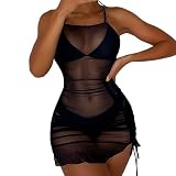 T-Shirt Mit Bikini Aufdruck Strandkleid Damen Sexy Bikini Cover Up Strandponcho Strand Vertuschen Shirt Damen Bikini Cover Up Beachwear Kimono Quaste Häkeleinsätzen (Black, L)