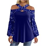 Flodxo Glitzerndes Oberteil für Damen, schulterfrei, Paillettenbluse, glänzend, langärmelig, Tunika, Top, glänzend, unregelmäßiger Saum, Tshrit, Oversize, Abendpullover, Glitzer-Party-Top, blau, XXL