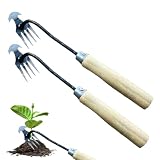 Jätenwerkzeuge für Garten, 4-teeth zwei Zwecke Unkraut, manuelles Entfernen von Unkrautentferner mit Holzgriff, ergonomisches Unkraut-Werkzeug, Mehrzweckgarten-Unkraut-Wähler für R