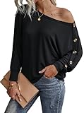 Sofia's Choice Damen One Shoulder Langarm Knopf T Shirt Schulterfreies Oberteil Lockeres Top Schwarz M