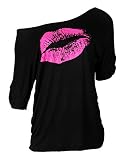 Smile Fish Damen-T-Shirt, schulterfrei, langärmelig, mit aufgedrucktem sexy Lippenmotiv Gr. Large, Schwarz-R