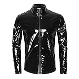 Herren Lack-Optik Jacke T-Shirt Slim Fit Latex Glänzend Tops Sexy Oberteil Lack Leder Mesh mit Stehkragen Hippie Disco Party Clubwear Jumpsuit Ledermantel Lack Optik Wetlook Ob