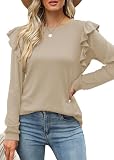 Tanmolo Langarmshirt Oberteile Damen Rüschen lässig Top mit Rundhals Tunika Langarm Bluse Shirts Aprikoser, L