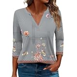 Damen-T-Shirt mit 3/4-Ärmeln, Sommer, lässig, V-Ausschnitt, Blumendruck, Alltagstunika, Z01AB-Minzgrün, Größe XXL, Z01aa-Dunkelgrau, L