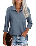 Cuptacc Blusen & Tuniken für Damen 3/4-Ärmel Business V-Ausschnitt Shirt Damen Mit Reißverschluss Frühling Blau XL 46-48