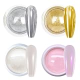 GZMAYUEN Chrome Nail Powder, 4 Farben Crome Pigment Für Nägel Aurora Weiße Perle Silver Gold Chrome Nail Powder Cromepulver Nägel Art Nageldesig