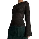Lässiges Strickoberteil für Damen, Langarm, bunte Umgebung, Vintage, mit Schnürung am Rücken, für Damen, durchsichtige Oberteile, Schwarz, S