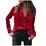 Samt Oberteil Damen Langarm, Bluse Damen Knopfleiste,Langarmshirt Hemd Regular Fit V Ausschnitt mit Taschen Hemdbluse Einfarbig Wildleder Oberteil Retro Blusen Herbst Winter für F