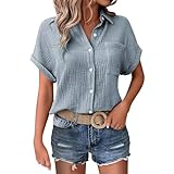 Sale Angebote Blitzangebote Damen Bluse Sommer lässig Kurze Ärmel Shirts V Neck Button Down Shirt Tops Damen Basic lose Baumwolle T Tunika T Shirts Top Tasche Double Layer Sale Angebote Bestellung
