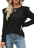 Tanmolo Langarmshirt Oberteile Damen Rüschen lässig Top mit Rundhals Tunika Langarm Bluse Shirts Schwarz, L