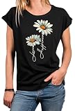MAKAYA T-Shirt mit Blumendruck Damen Top Gänseblümchen Blumen Shirts Blumenprint Schwarz Große Größen L