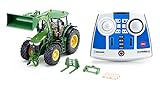 siku 6795, John Deere 7310R Traktor mit Frontlader, Grün, Metall/Kunststoff, 1:32, Ferngesteuert, Inkl. Bluetooth-Fernsteuerung und Zubehör, Steuerung via App möglich, Auf ‎Franzö