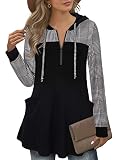 Gaharu Damen Tunika Langarm Elegant Lang Festlich Pullover Herbst Winter Pulli mit Kapuze Tunikashirt Business Pullover Kariert Langarmshirt Winter Baumwolle Sweatshirt Hahnentritt,XL