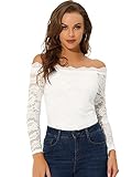 Allegra K Damen Off Shoulder Spitzenbluse Langarm Schulterfrei Oberteil Blumen Transparent Elegant Top Trachtenbluse Weiß XS