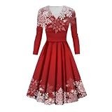Weihnachtskleid Damen Lustig, Langarm A Linie Kleid Weihnachten Elegant mit V Ausschnitt und Weihnachtsmotiv, Knielang für Festliche Weihnachtsfeier Lustige Weihnachtskleider mit M