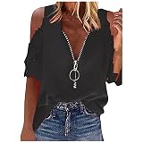 Masrin Schulterfreies T-Shirt für Damen Lässige, ausgehöhlte Spitze Oberteile mit halben Ärmeln Sommer Reißverschluss V-Ausschnitt Loser Pullover Einfarbige Tunika-Bluse(M,Schwarz)